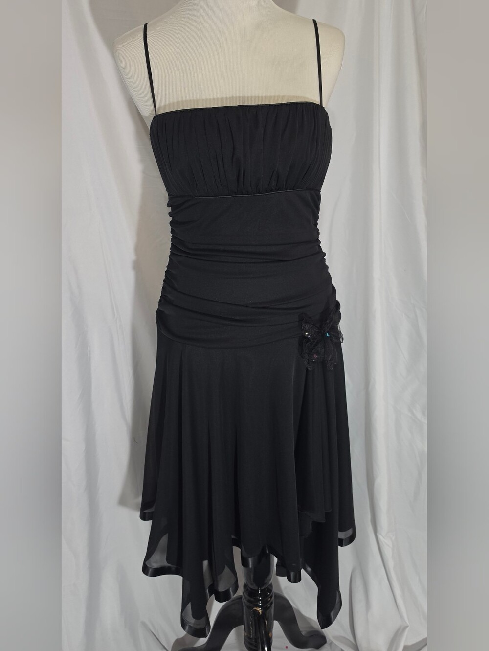 City Triangles Black Strapless Ruched Cocktail Dress with Side Floral Detail